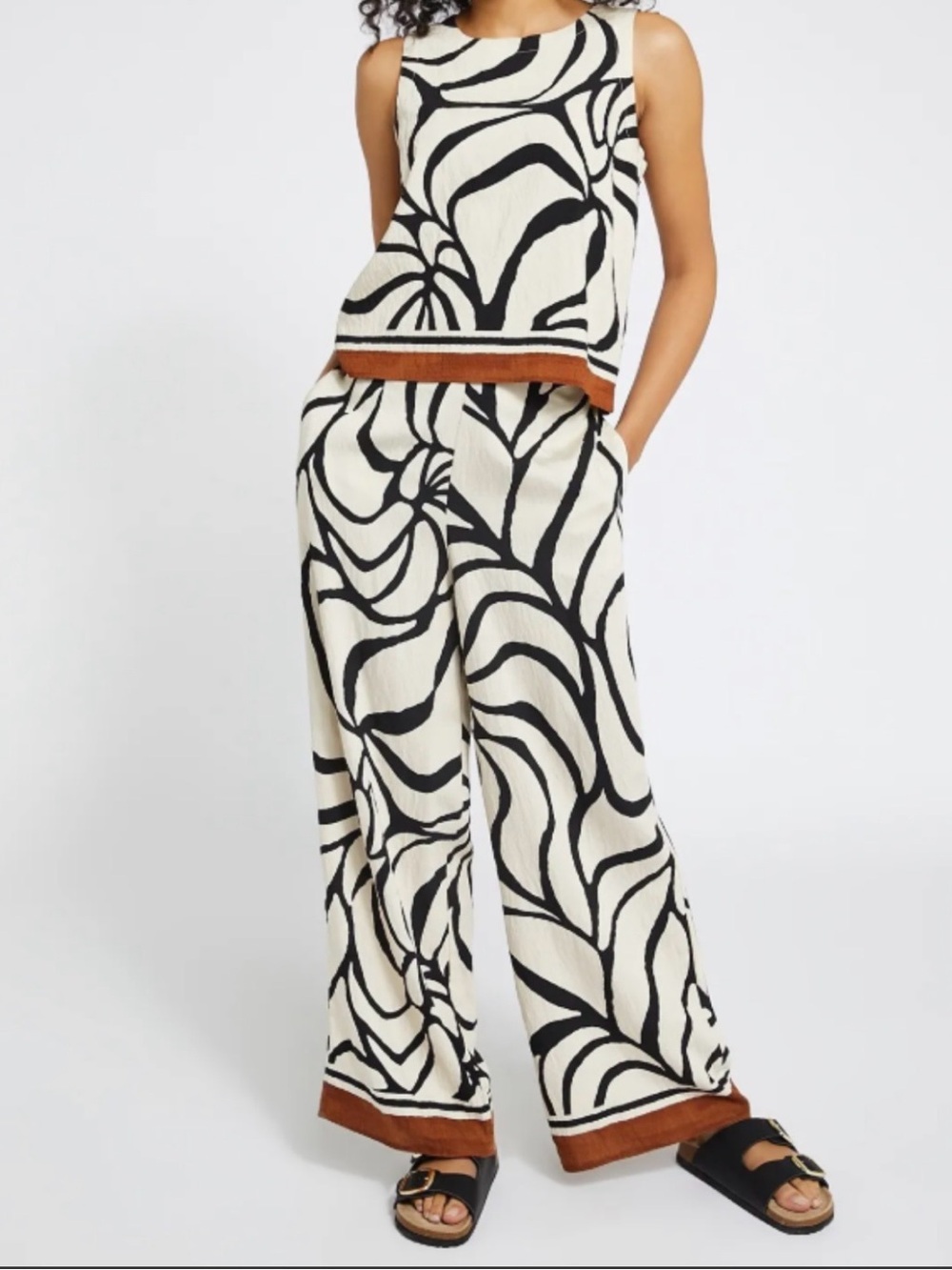 Dunnes Wide Leg Cream Pants with Black Abstract Print Size 14